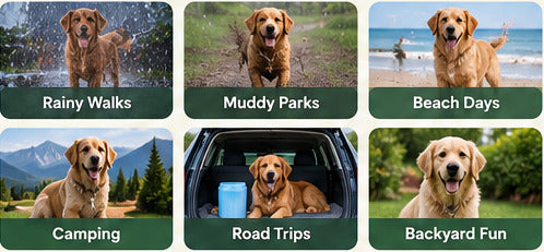 A golden retriever on rainy walks, muddy parks, beach days, camping, road trips and in the backyard