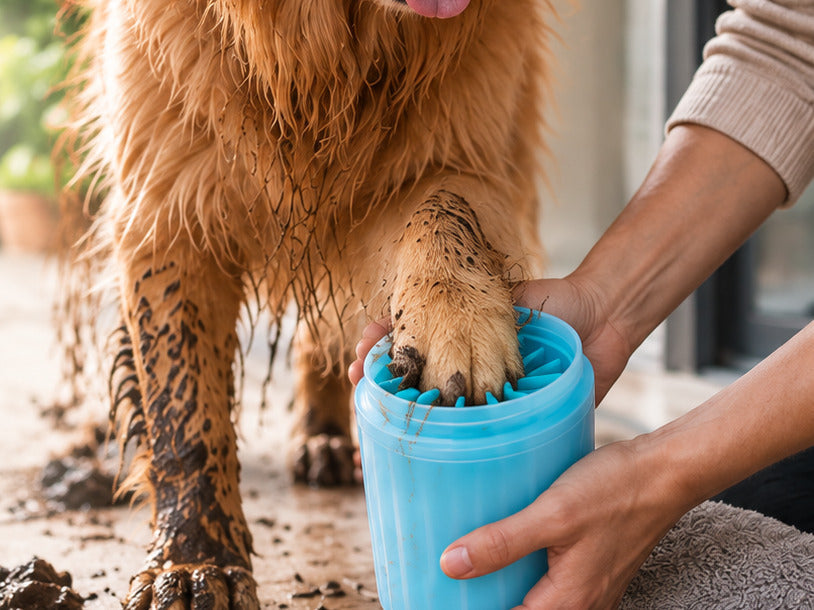 Close-up of a muddy dog paw inside a MuddyMate paw cleaner