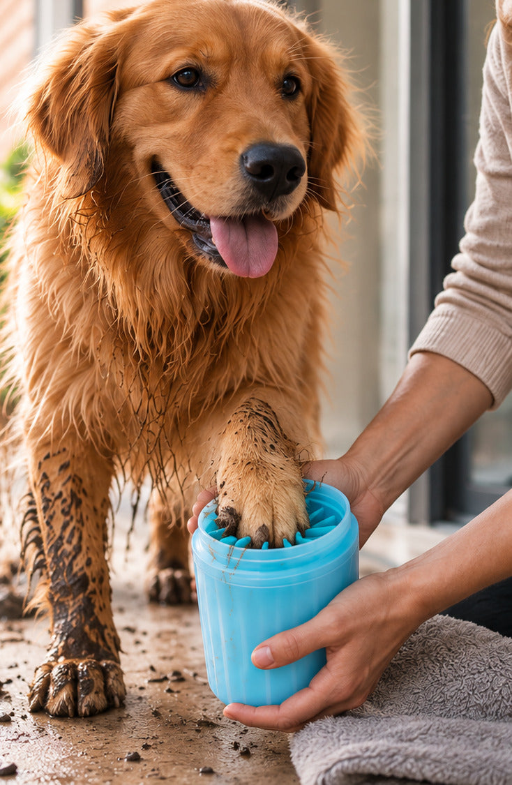 A golden retriever with a muddy paw being cleaned in a MuddyMate paw cleaner